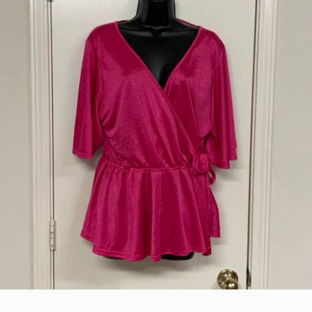 SKY PLUS Stunning Hot Pink Satin Wrap Blouse